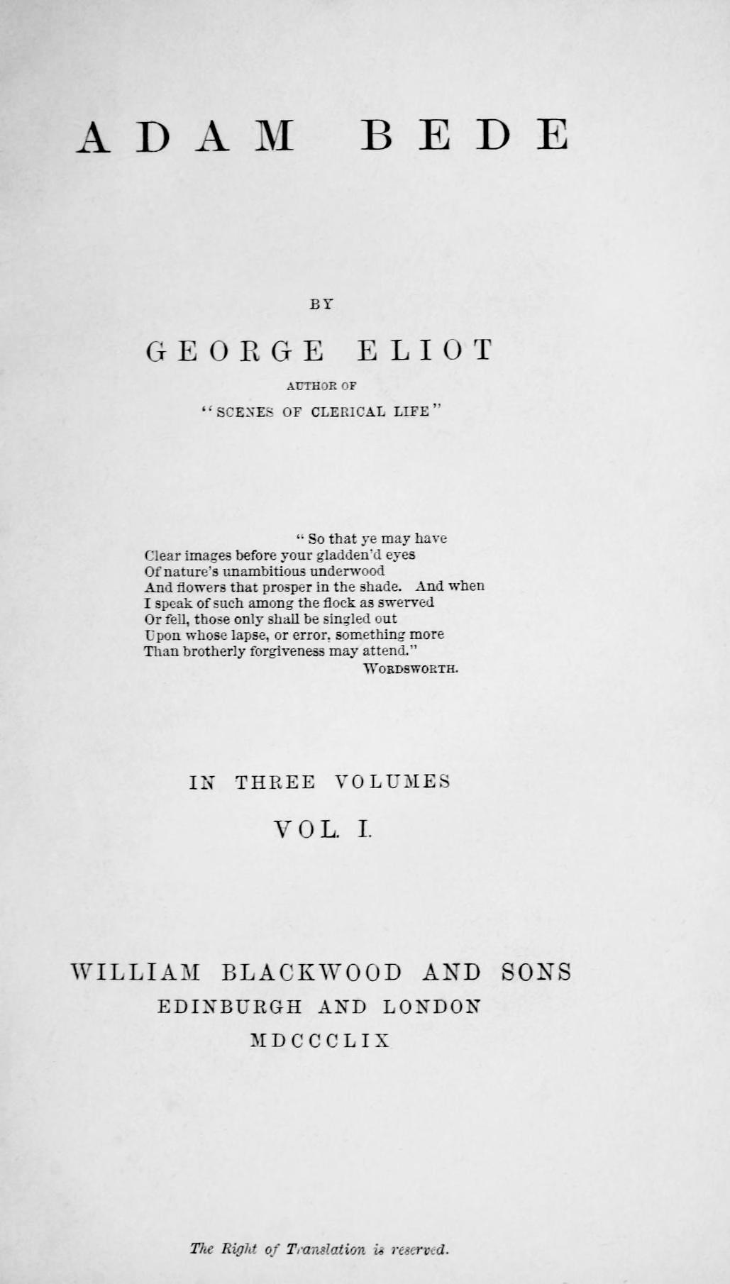 Title page of the 1859 first edition of George Eliot's Adam Bede.