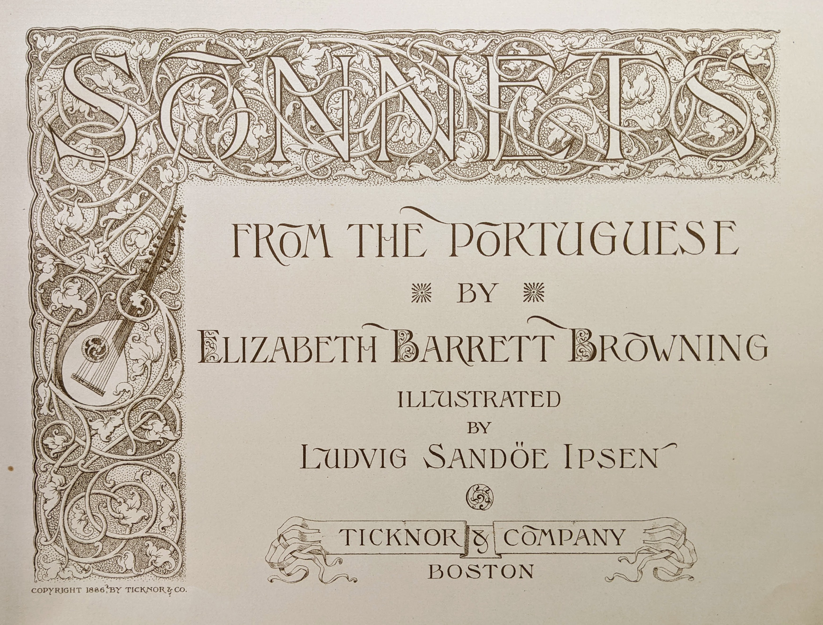 Ornamental title page of Sonnets from the Portuguese, illustrated by Ludvig Sandöe Ipsen, Boston, 1886.