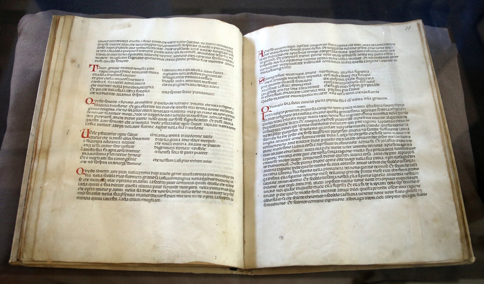 A fourteenth-century manuscript of Dante's Vita Nova, open, in Florence.