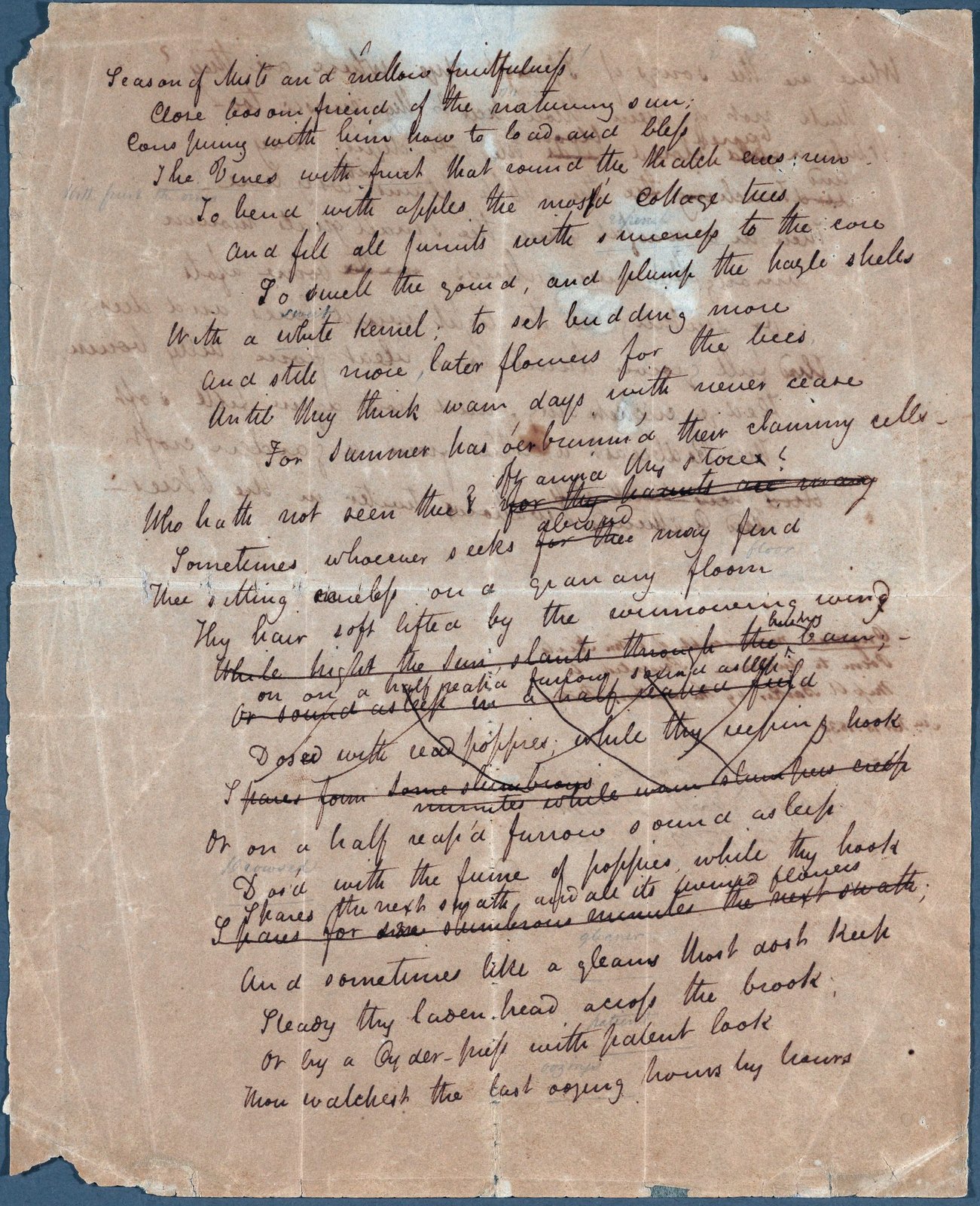 John Keats's handwritten draft of To Autumn, ink on paper, 1819.